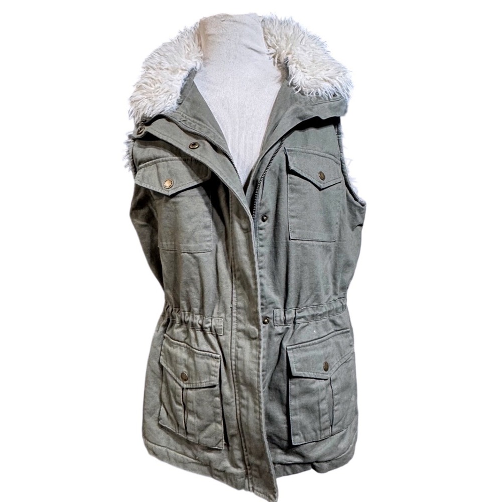 Tinsel Utility Vest Womens XL Faux Fur Lined Cotton Olive Green Boho Gorpcore